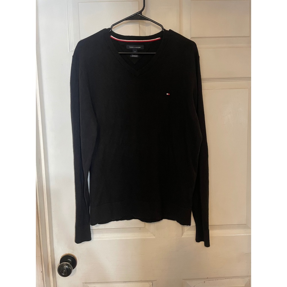 Tommy Hilfiger Black Pima Cotton Cashmere V-Neck Sweater Womens Large